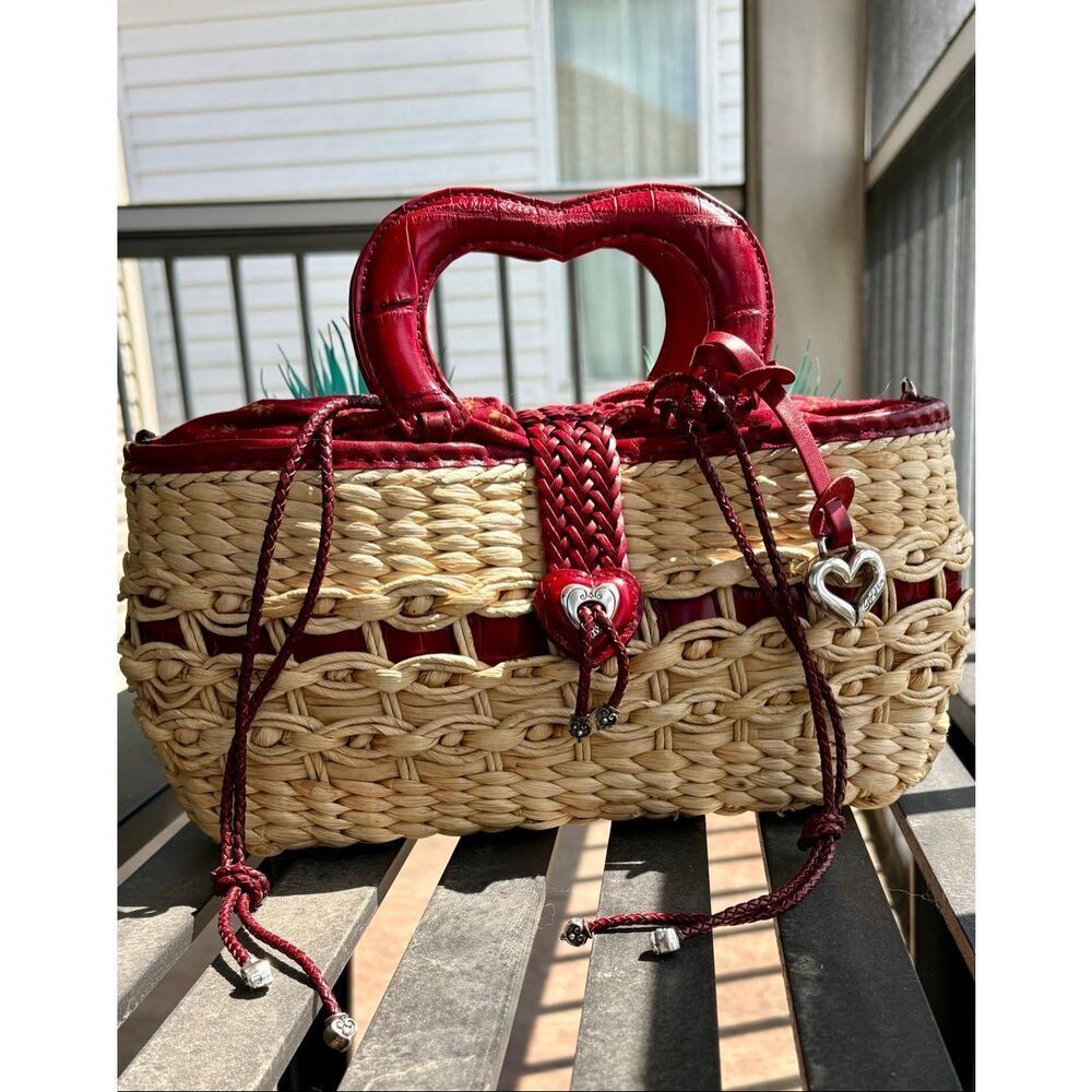 BRIGHTON Vintage "Marilyn" Woven Heart Satchel/Red Croco-Embossed Leather Trim